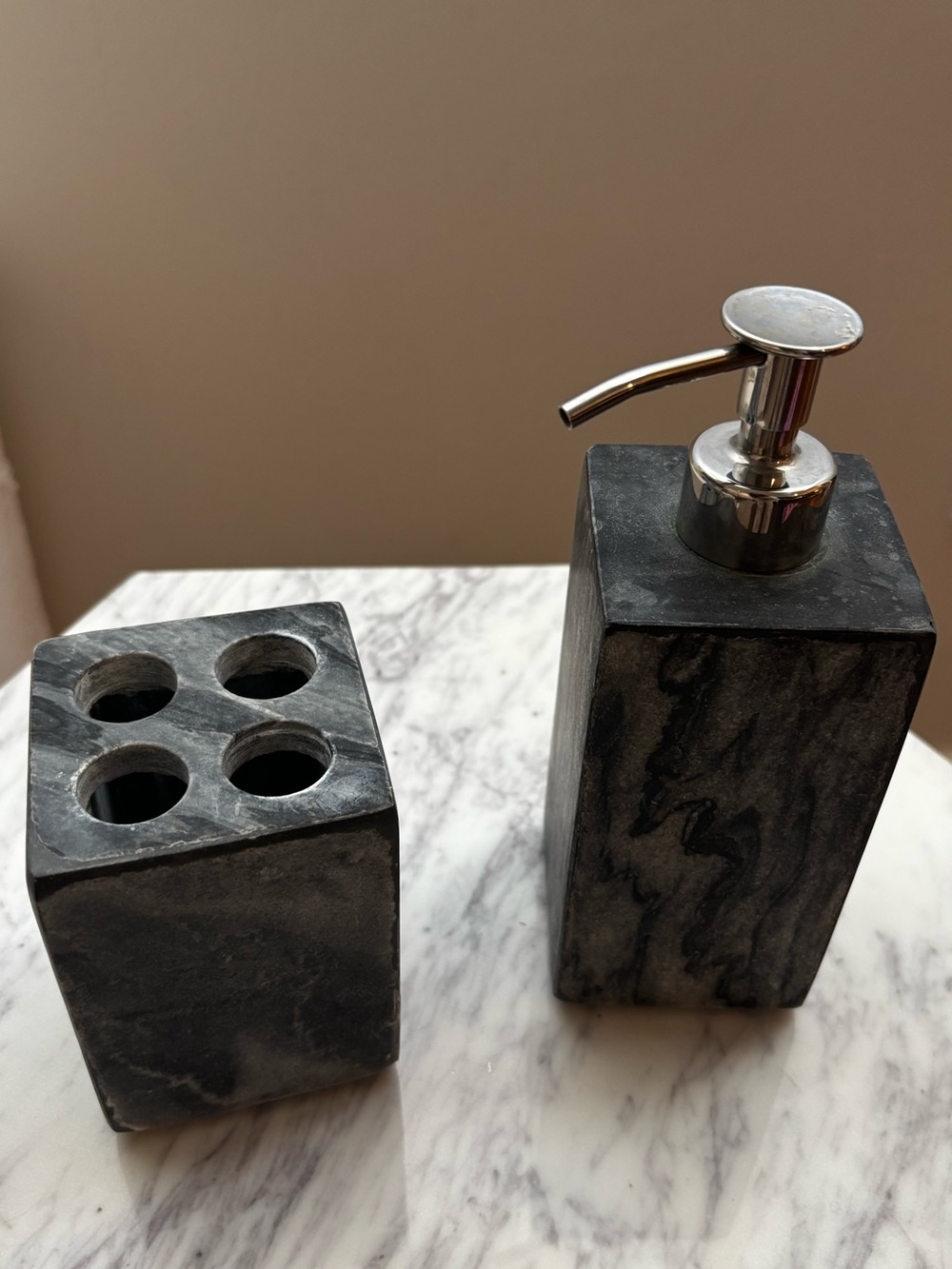 Gray Marble Bathroom Soap Dispenser and Toothbrush Holder Set